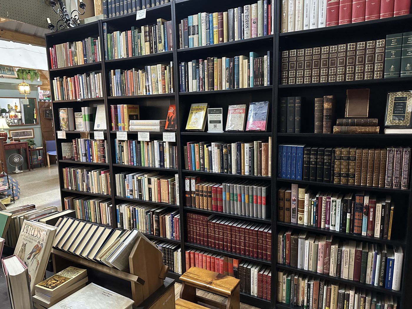 A full wall of vintage book spines and leather-bound sets